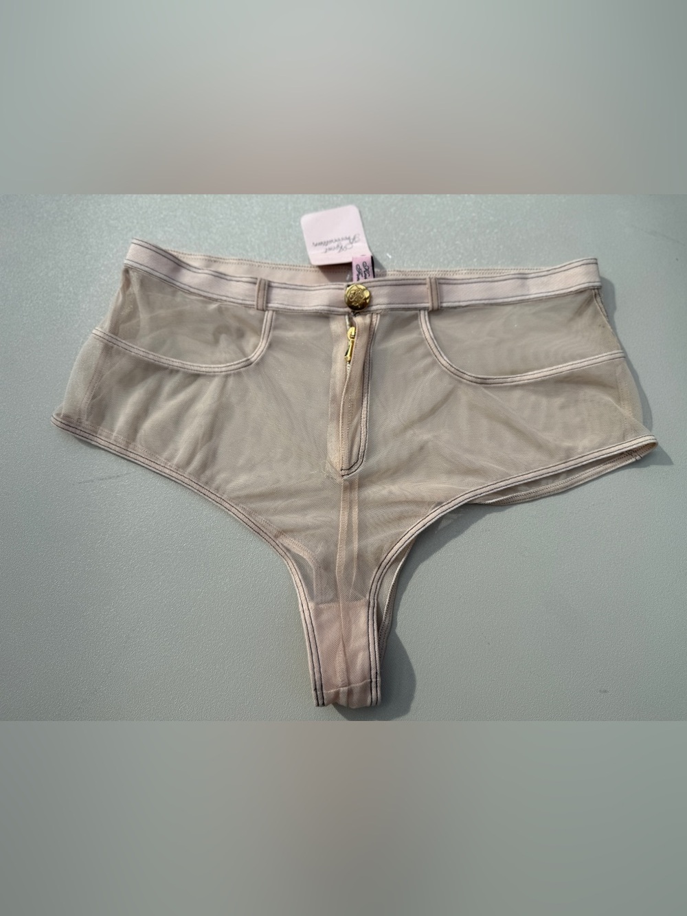 2009 Agent Provocateur Pale Blush Pink Mesh Faux-Denim Bra & Hot Pants Set - Picture 3 of 13